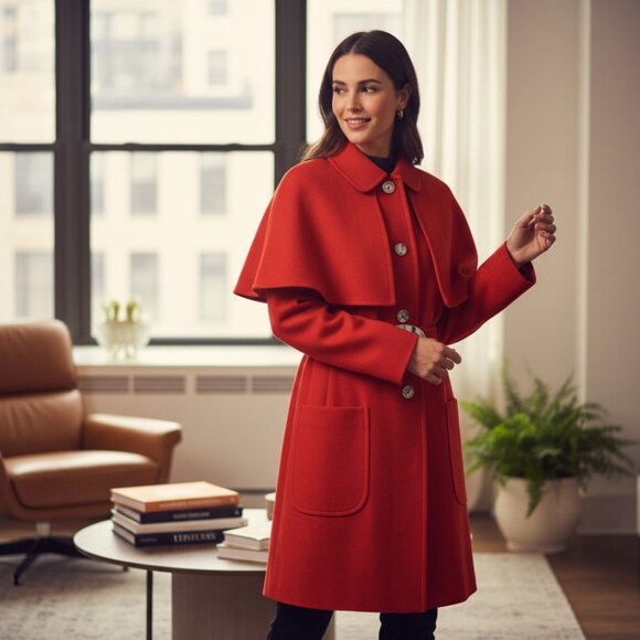 Designer Paul & Joe Red Wool Blend Cape & Patch Pockets Button Closure Trench M